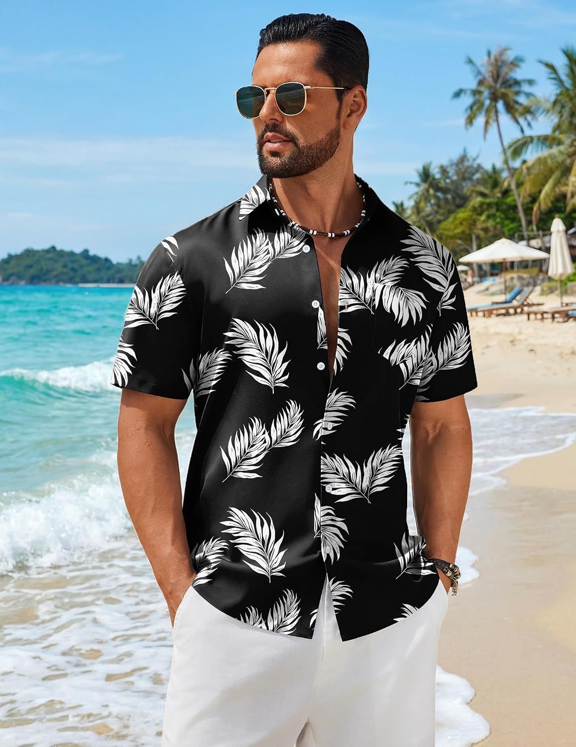 image:imageCOOFANDY Mens Hawaiian Shirts Short Sleeve Button Down Vacation ShirtsBlackpalm Leaf