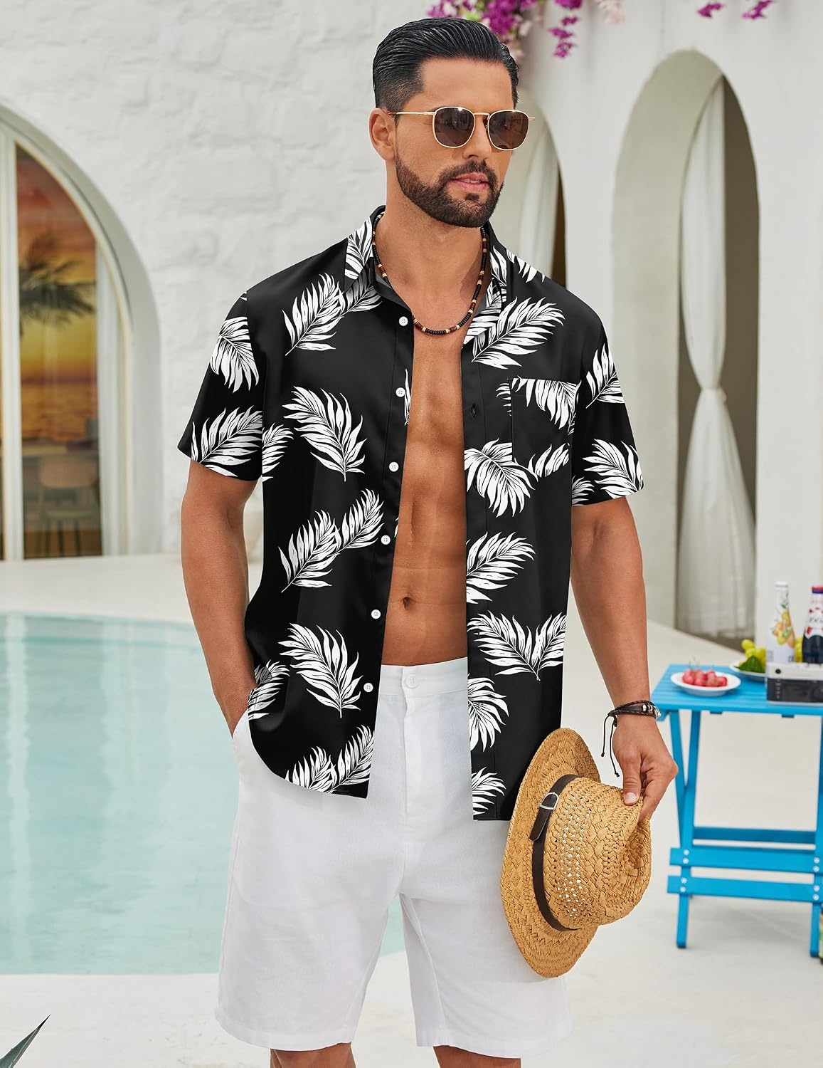 image:imageCOOFANDY Mens Hawaiian Shirts Short Sleeve Button Down Vacation ShirtsBlackpalm Leaf
