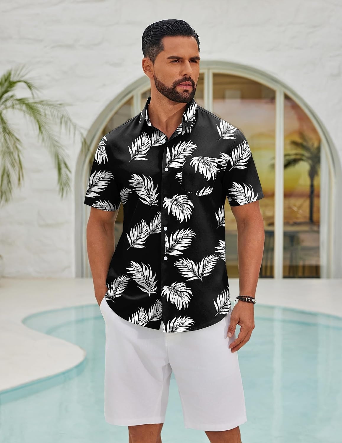 image:imageCOOFANDY Mens Hawaiian Shirts Short Sleeve Button Down Vacation ShirtsBlackpalm Leaf