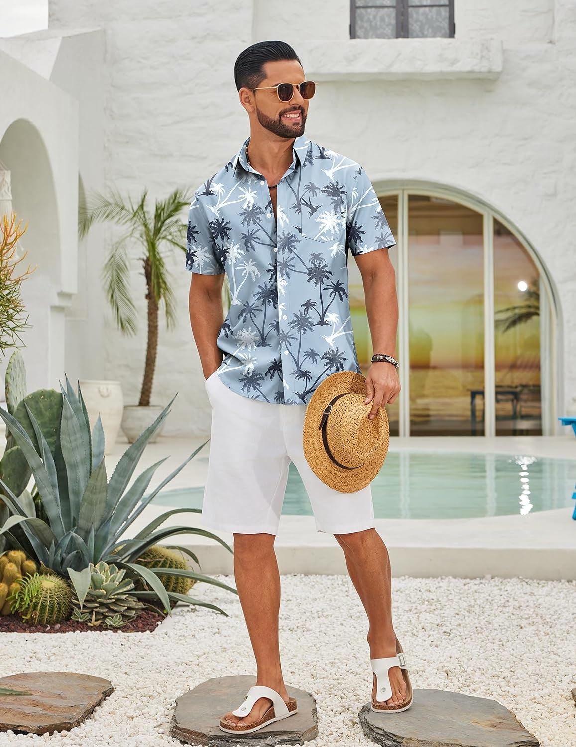 image:imageCOOFANDY Mens Hawaiian Shirts Short Sleeve Button Down Vacation ShirtsGreenpalm Tree