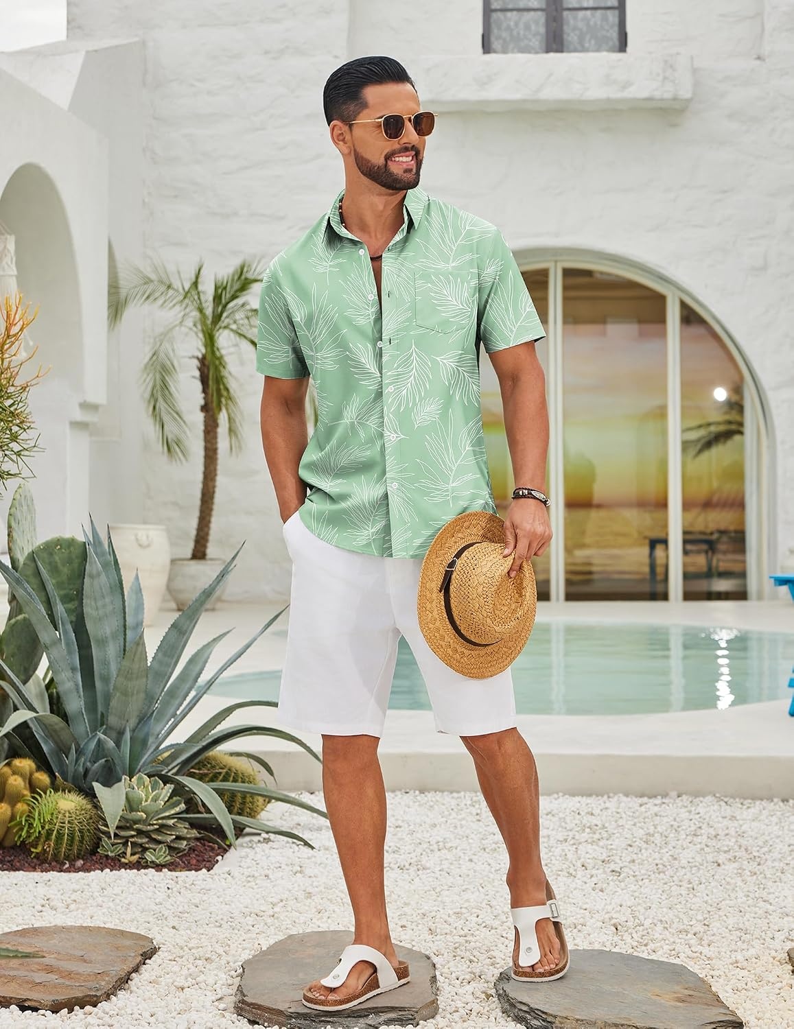 image:imageCOOFANDY Mens Hawaiian Shirts Short Sleeve Button Down Vacation ShirtsMint Greentropical Fern Leaf