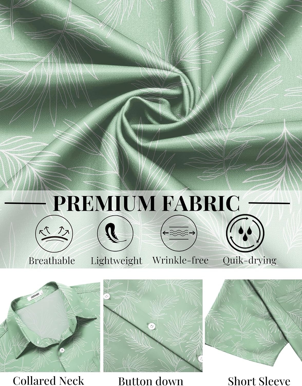 image:imageCOOFANDY Mens Hawaiian Shirts Short Sleeve Button Down Vacation ShirtsMint Greentropical Fern Leaf
