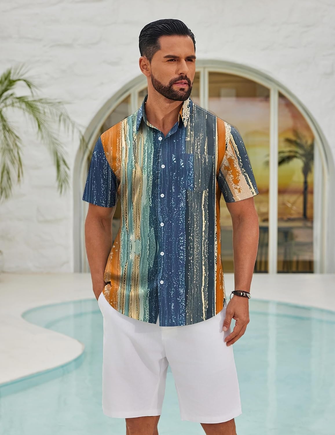 image:imageCOOFANDY Mens Hawaiian Shirts Short Sleeve Button Down Vacation ShirtsVintage Stripe