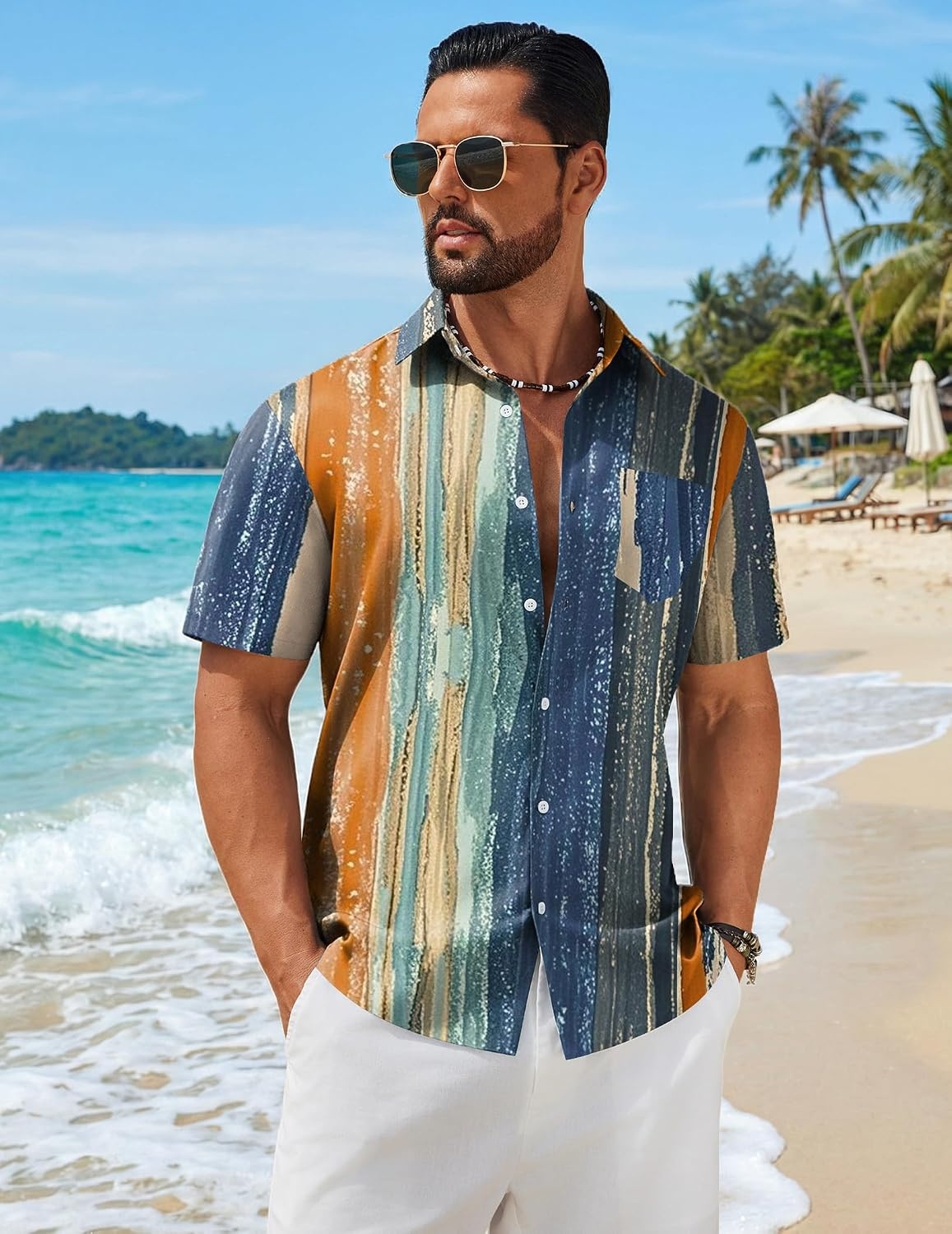 image:imageCOOFANDY Mens Hawaiian Shirts Short Sleeve Button Down Vacation ShirtsVintage Stripe