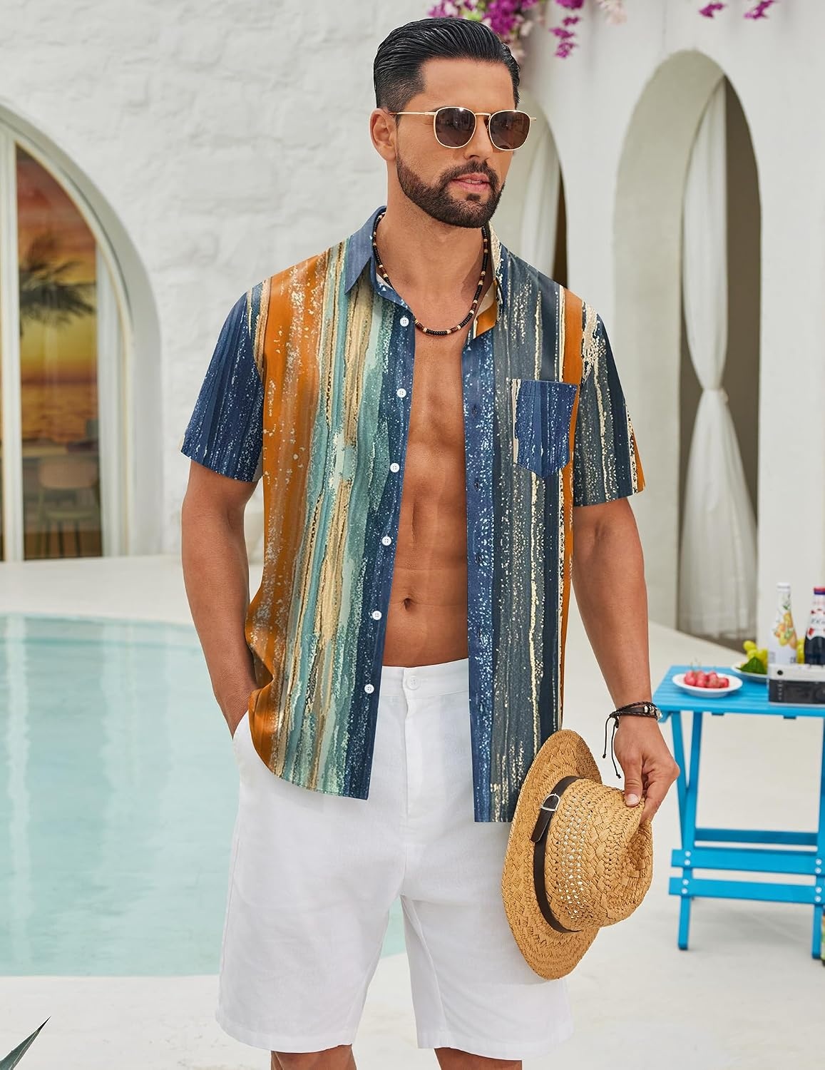 image:imageCOOFANDY Mens Hawaiian Shirts Short Sleeve Button Down Vacation ShirtsVintage Stripe
