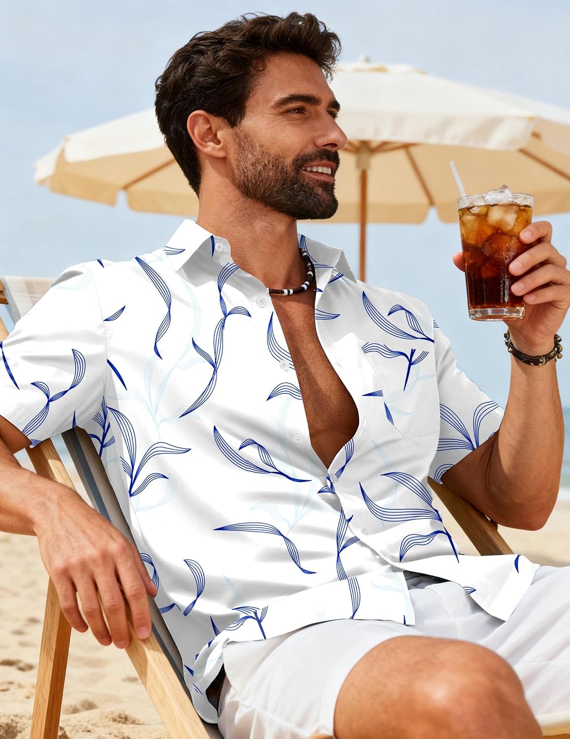 image:imageCOOFANDY Mens Hawaiian Shirts Short Sleeve Button Down Vacation ShirtsWhite Light Blue