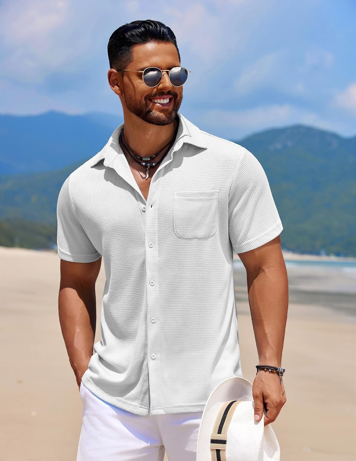 image:imageCOOFANDY Mens Knit Button Down Shirts Casual Short Sleeve Polo Shirt Summer Beach Shirts with Pocket