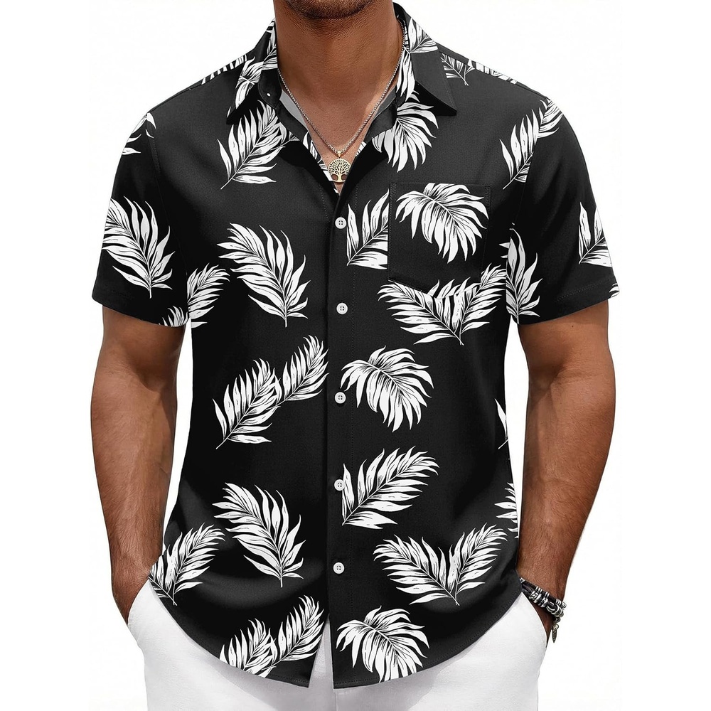 image:imageCOOFANDY Mens Hawaiian Shirts Short Sleeve Button Down Vacation ShirtsBlackpalm Leaf