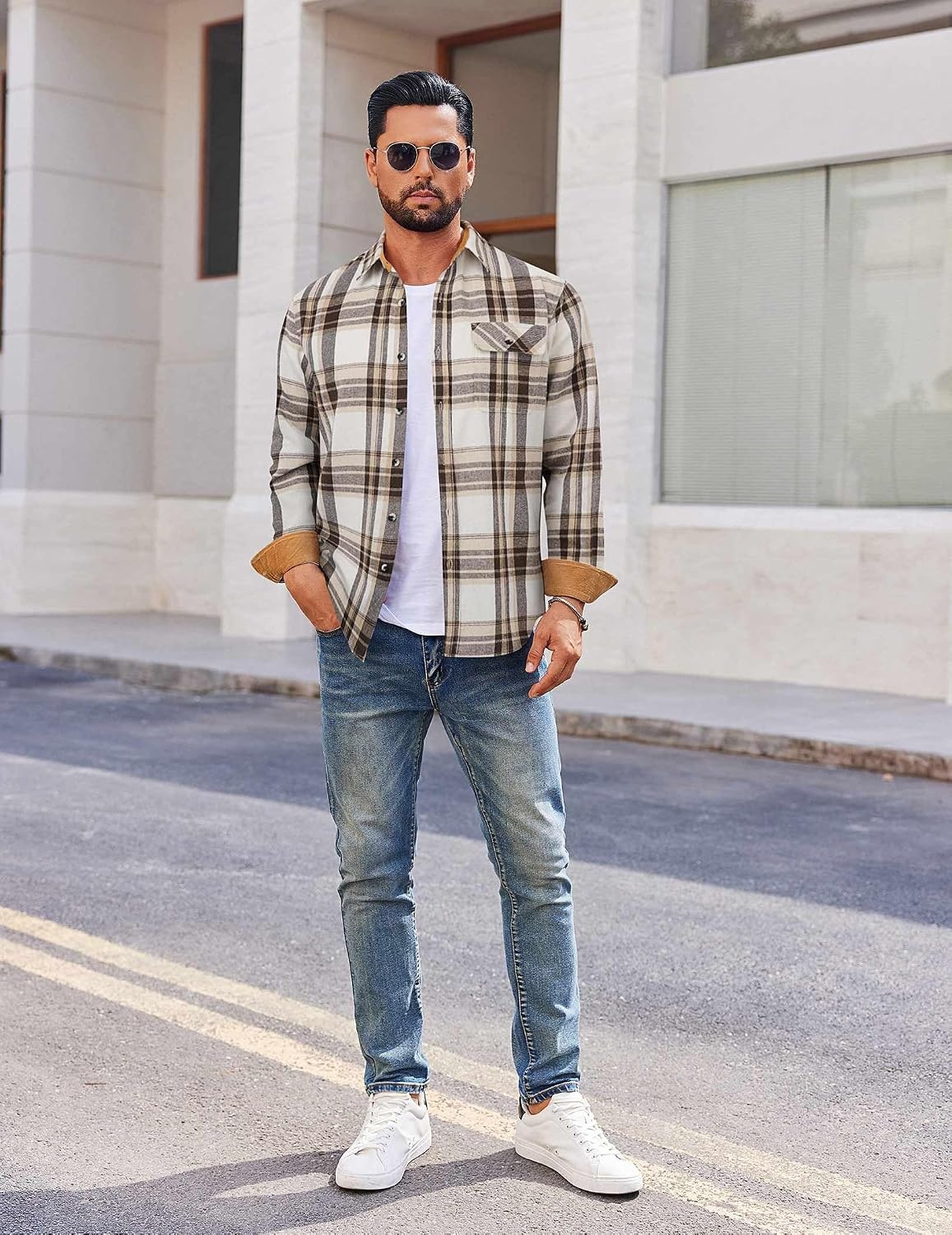 image:imageCOOFANDY Mens 635 oz Flannel Shirts Long Sleeve Button Down Shirt Casual Shirts Work Shirts for MenBeige Brown