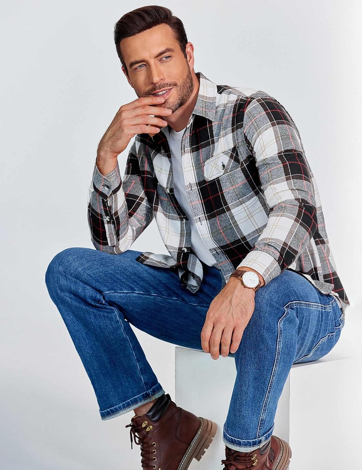image:imageCOOFANDY Mens 635 oz Flannel Shirts Long Sleeve Button Down Shirt Casual Shirts Work Shirts for MenHuntsman Charcoal Plaid