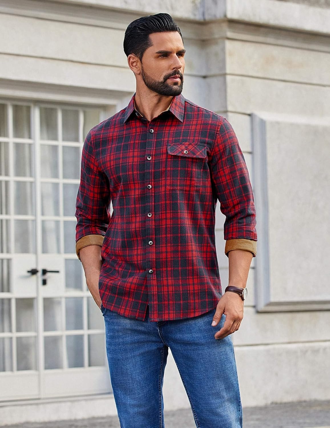 image:imageCOOFANDY Mens 635 oz Flannel Shirts Long Sleeve Button Down Shirt Casual Shirts Work Shirts for MenRed