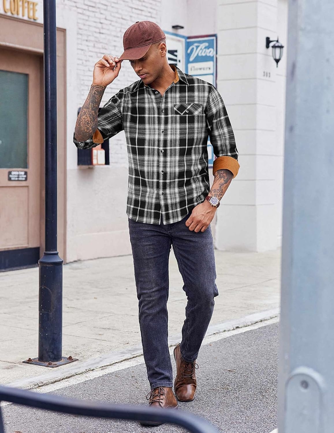 image:imageCOOFANDY Mens 635 oz Flannel Shirts Long Sleeve Button Down Shirt Casual Shirts Work Shirts for MenWhiteBlack Plaid