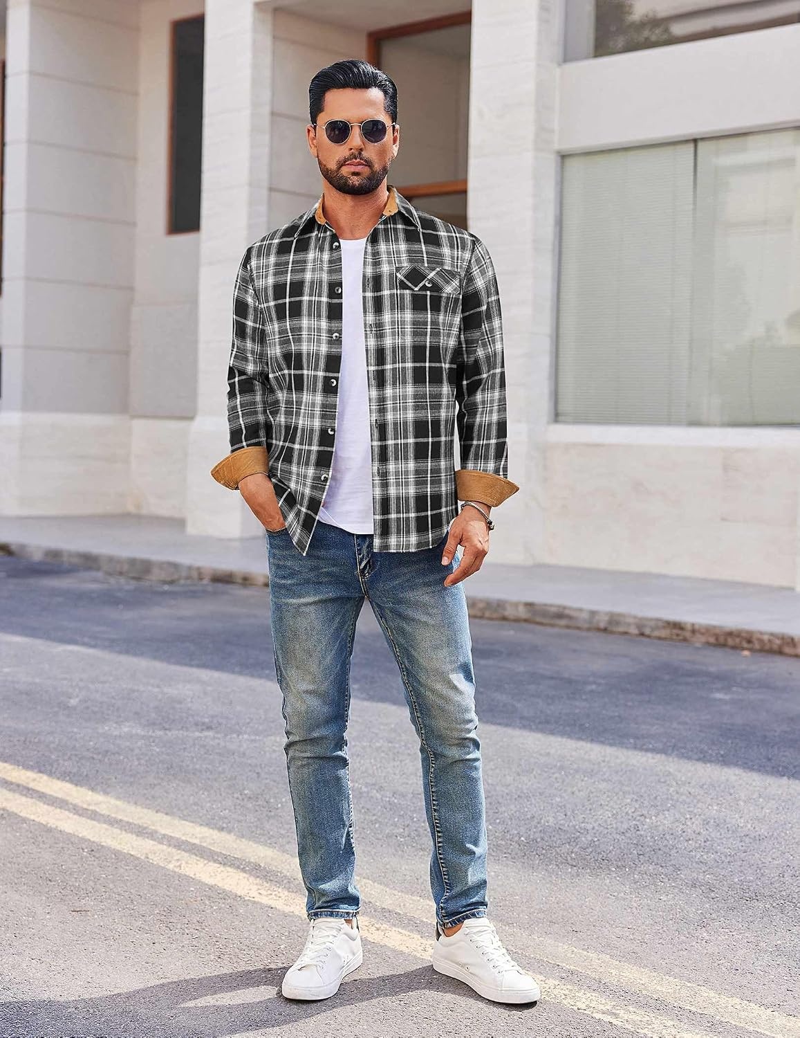 image:imageCOOFANDY Mens 635 oz Flannel Shirts Long Sleeve Button Down Shirt Casual Shirts Work Shirts for MenWhiteBlack Plaid