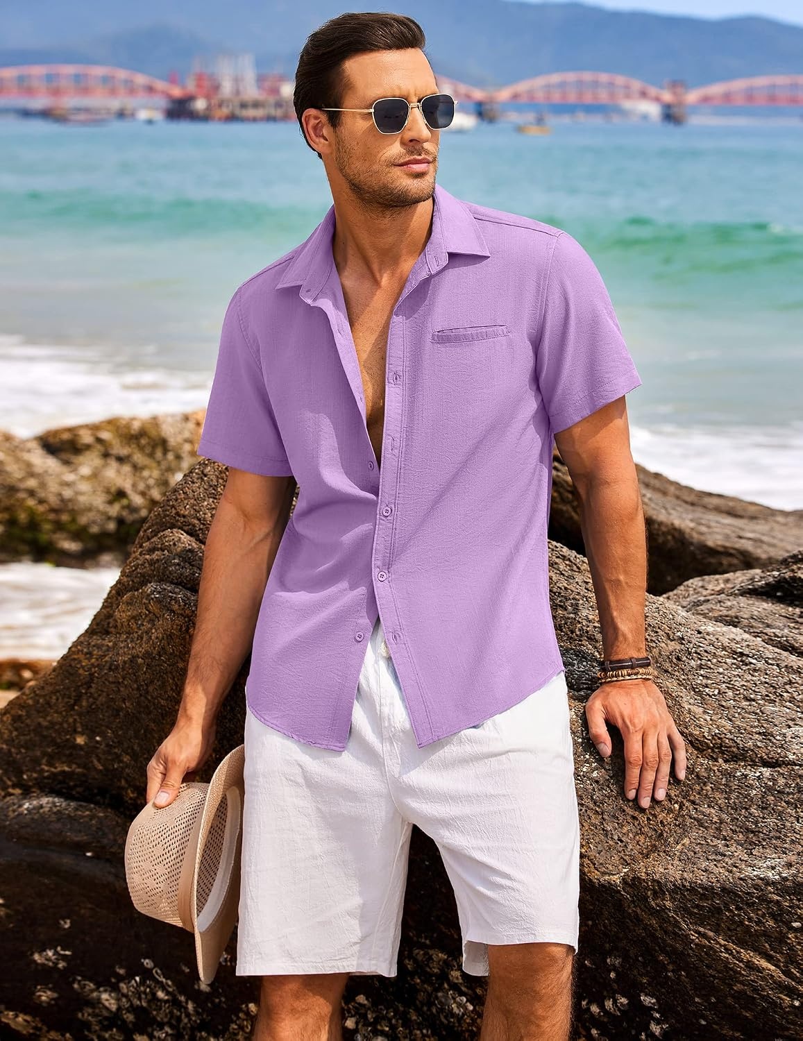 image:imageCOOFANDY Mens Short Sleeve Casual Shirt Summer Button Down Shirt Travel Vacation Shirt