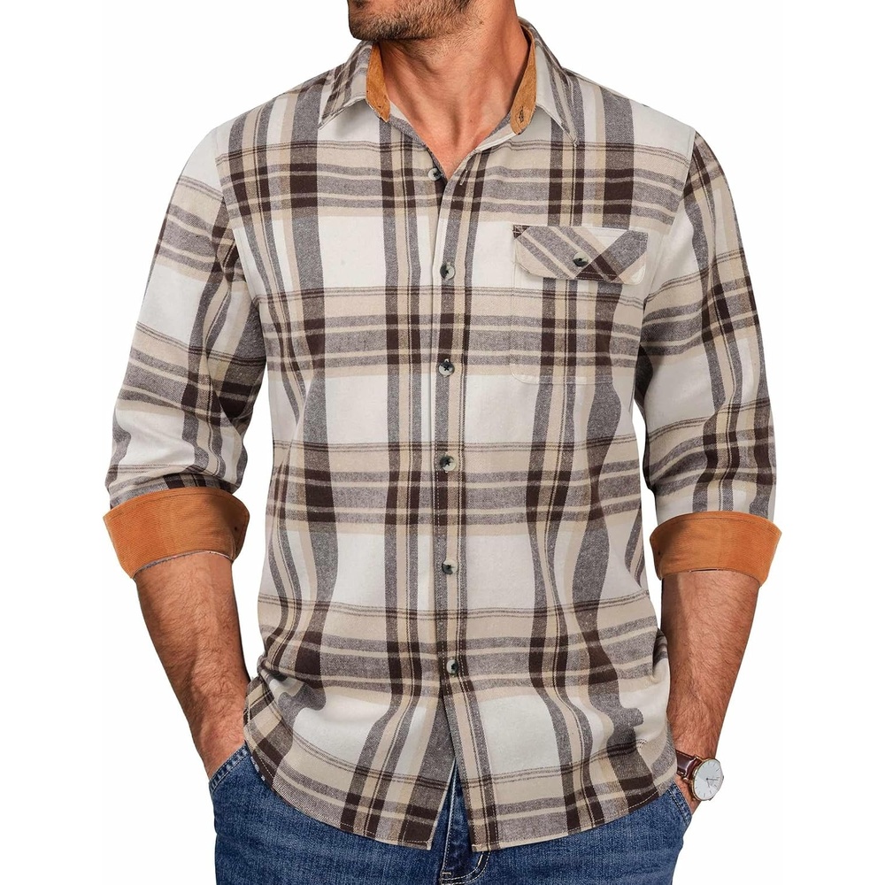 image:imageCOOFANDY Mens 635 oz Flannel Shirts Long Sleeve Button Down Shirt Casual Shirts Work Shirts for MenBeige Brown