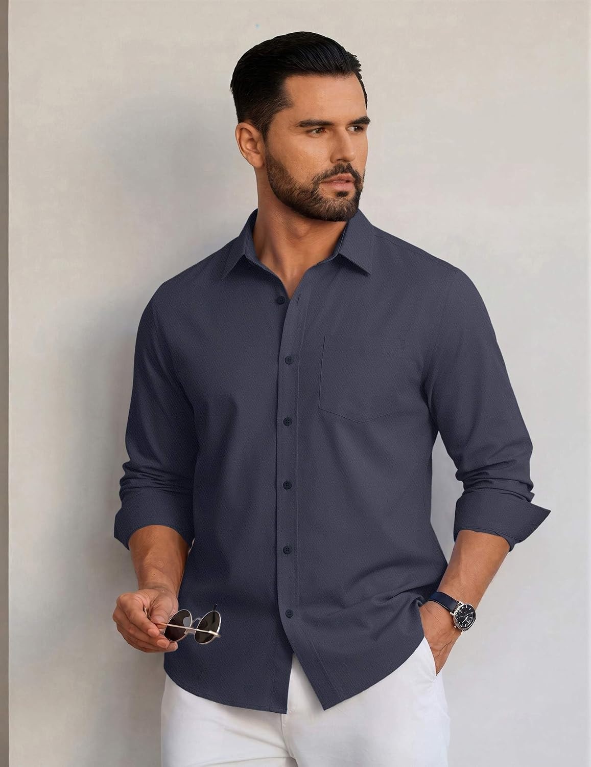 image:imageCOOFANDY Men Casual Button Down Shirt Long Sleeve Untucked Denim Dress ShirtDark Blue