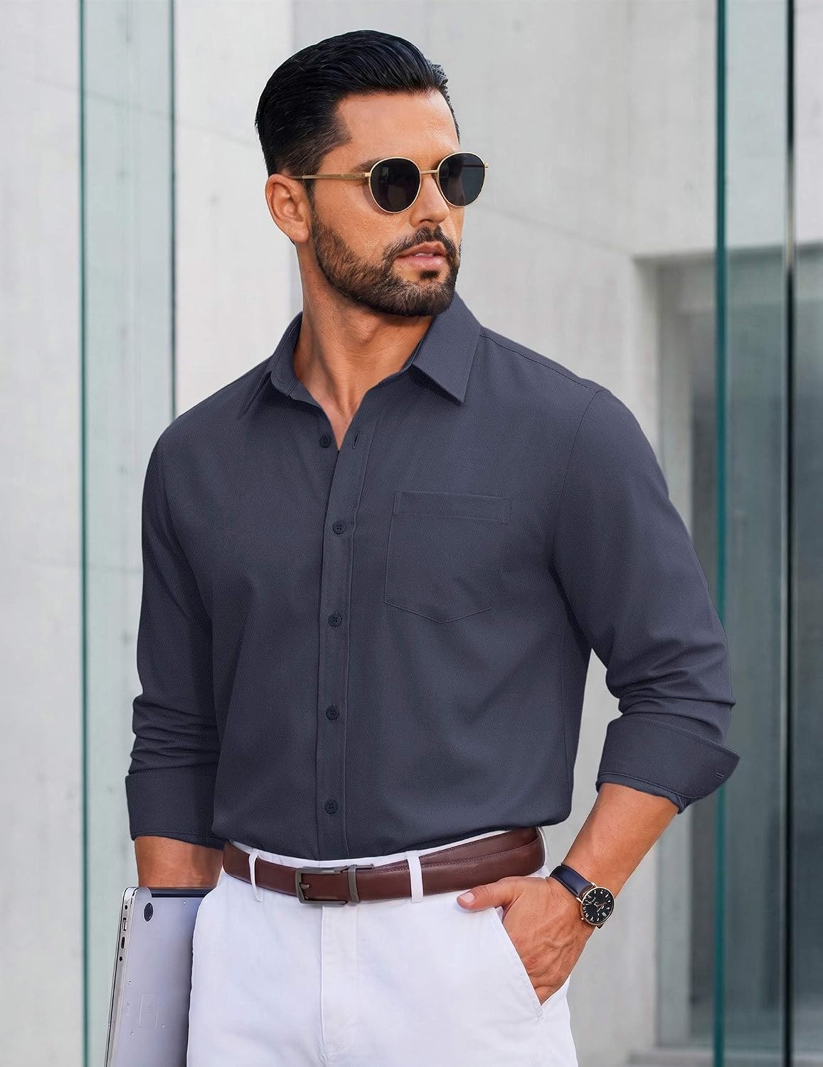 image:imageCOOFANDY Men Casual Button Down Shirt Long Sleeve Untucked Denim Dress ShirtDark Blue