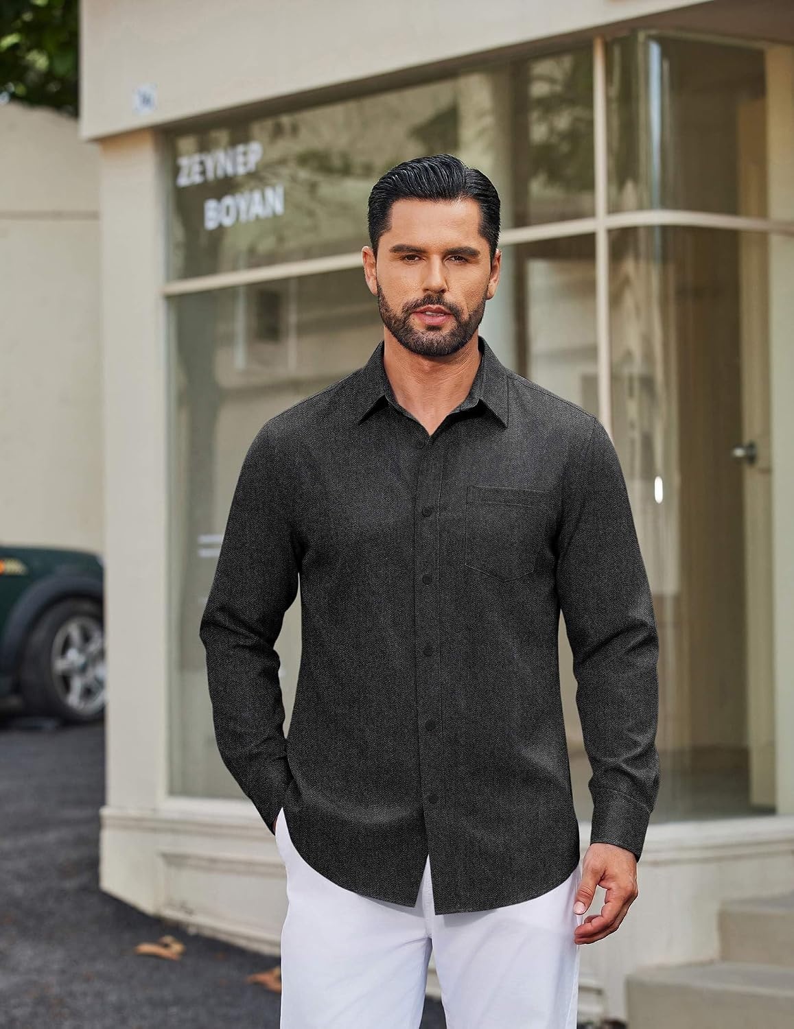 image:imageCOOFANDY Men Casual Button Down Shirt Long Sleeve Untucked Denim Dress ShirtDark Grey