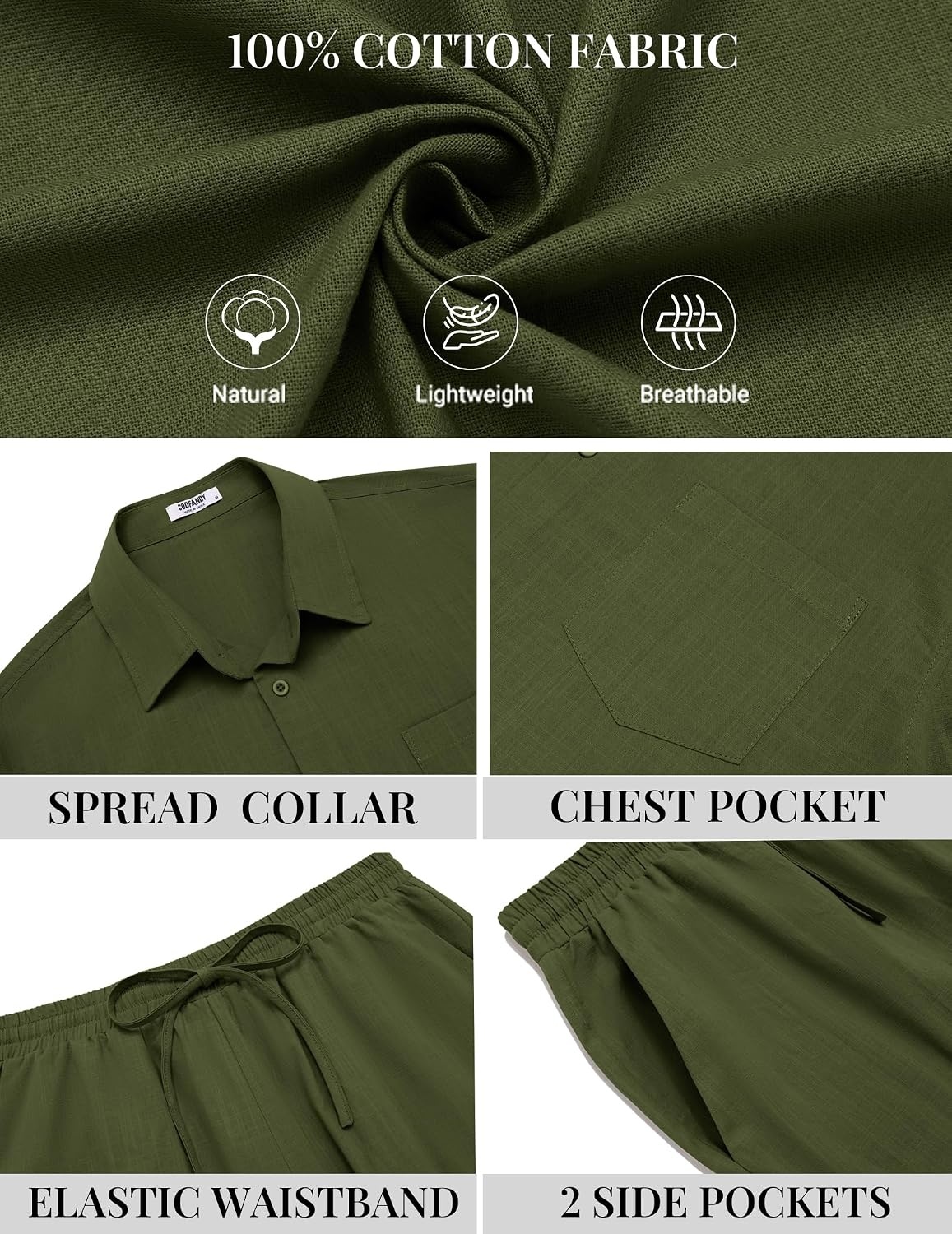 image:imageCOOFANDY Mens 2 Piece Outfit Summer Shorts Sets Short Sleeve Cotton ShirtsArmy Green
