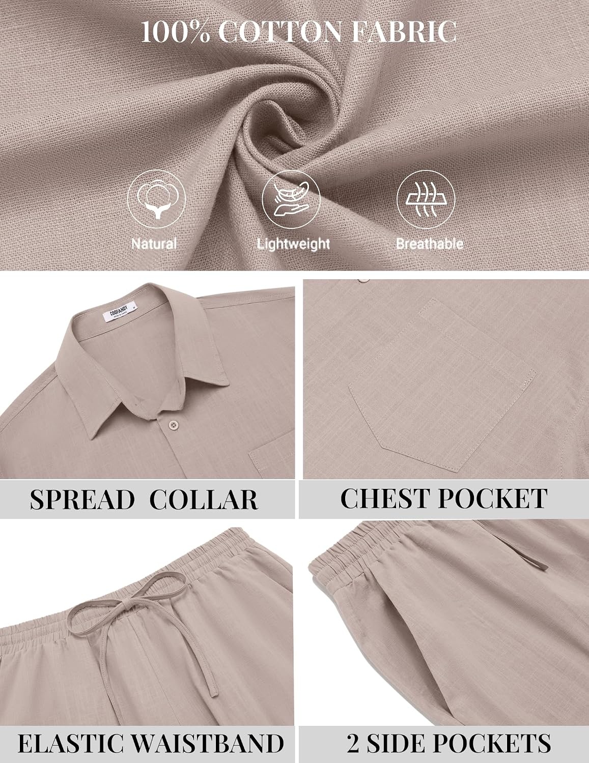 image:imageCOOFANDY Mens 2 Piece Outfit Summer Shorts Sets Short Sleeve Cotton ShirtsChampagne Beige
