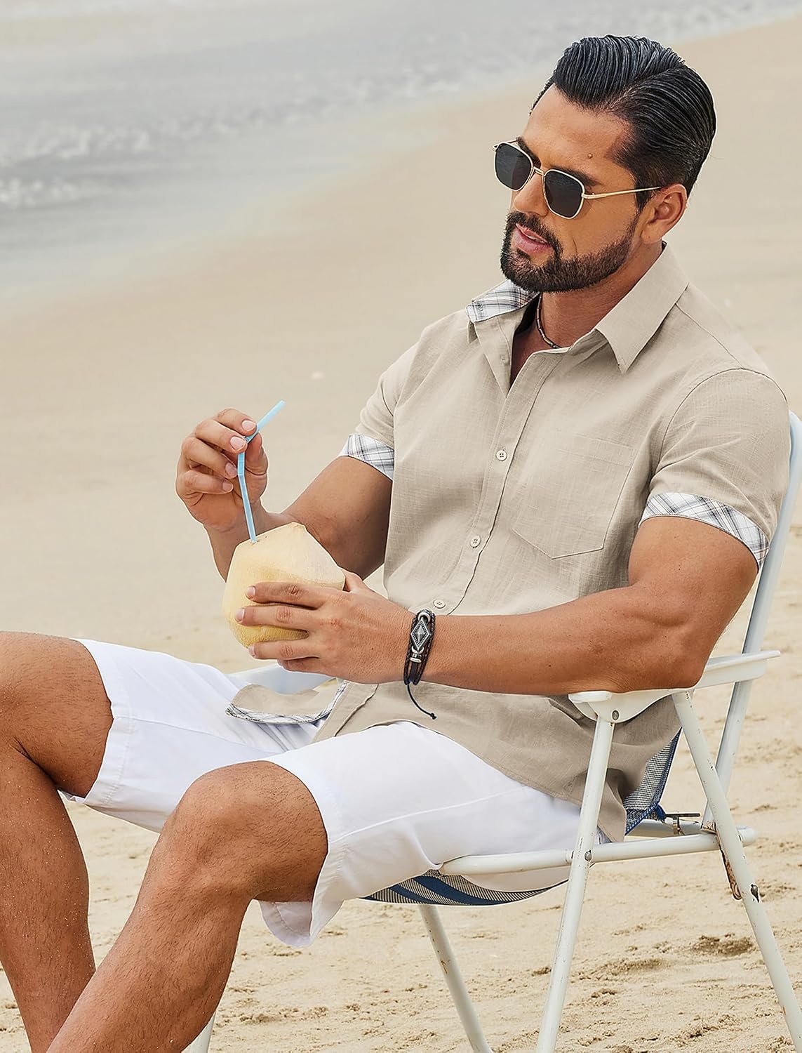image:imageCOOFANDY Mens Button Down Shirts Short Sleeve Casual Cotton ShirtsKhaki
