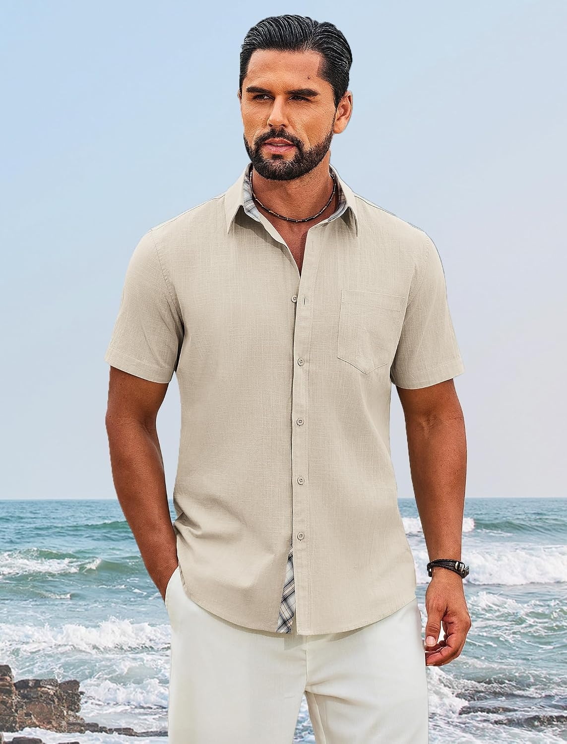 image:imageCOOFANDY Mens Button Down Shirts Short Sleeve Casual Cotton ShirtsKhaki