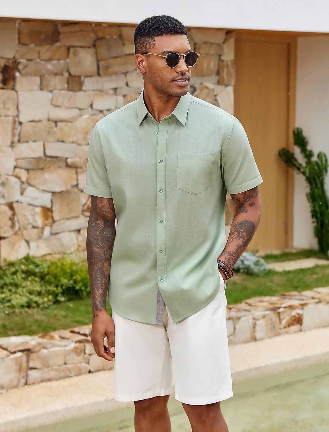 image:imageCOOFANDY Mens Button Down Shirts Short Sleeve Casual Cotton ShirtsLight Green