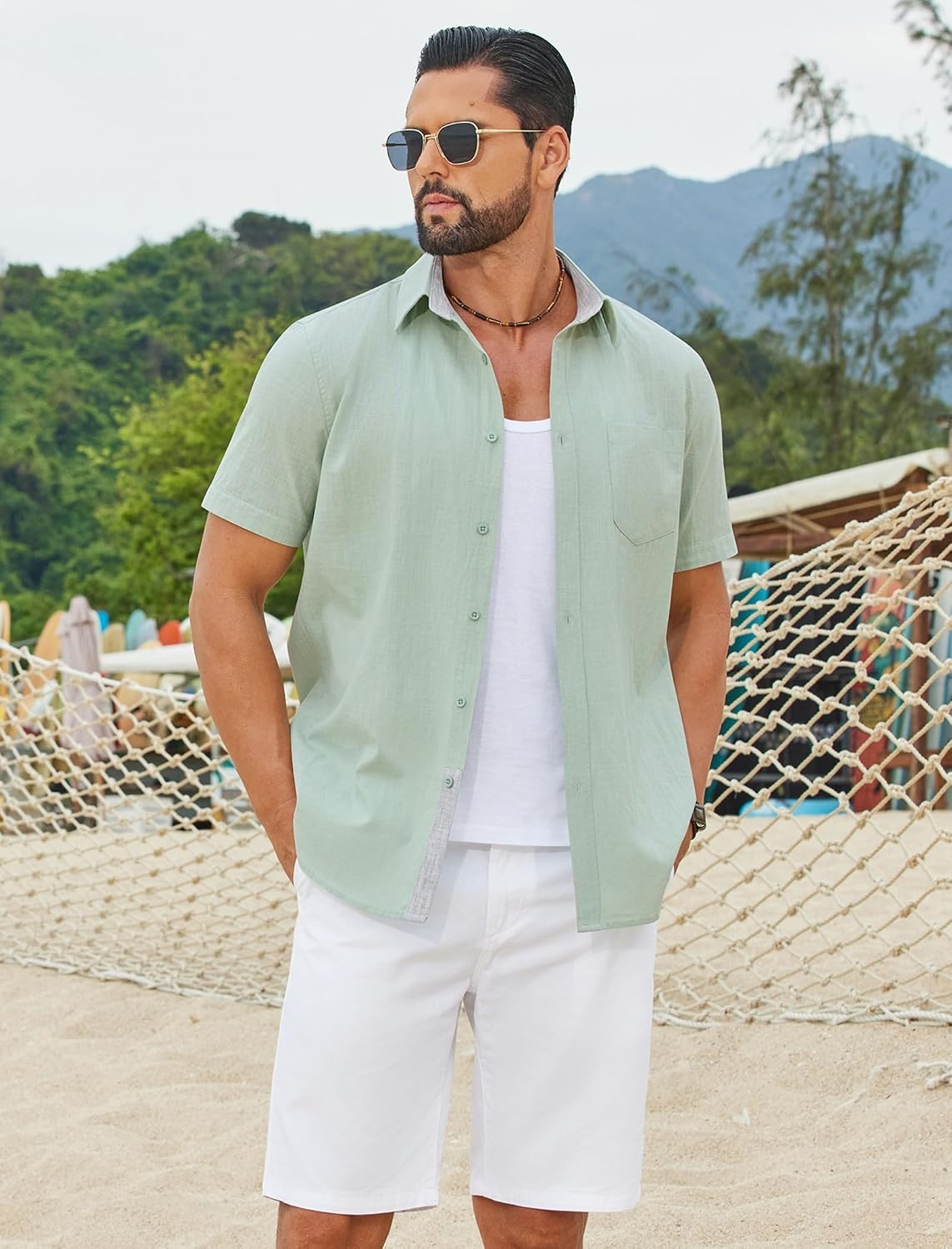image:imageCOOFANDY Mens Button Down Shirts Short Sleeve Casual Cotton ShirtsLight Green