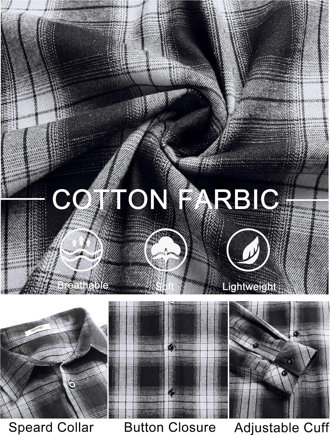 image:imageCOOFANDY Mens Flannel Shirts Long Sleeve Plaid Button Down Shirts CasualBlackWhite