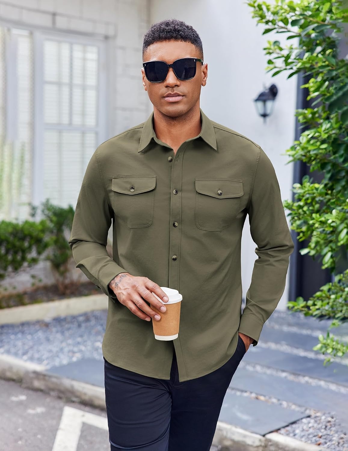 image:imageCOOFANDY Mens Shirt Jacket Long Sleeve Button Down Shirt for Mens ShacketsArmy Green