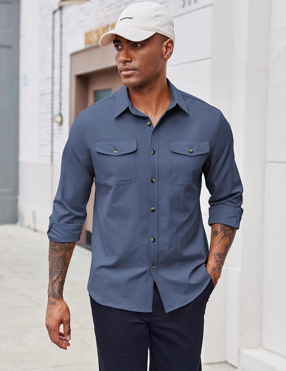 image:imageCOOFANDY Mens Shirt Jacket Long Sleeve Button Down Shirt for Mens ShacketsGrey Blue