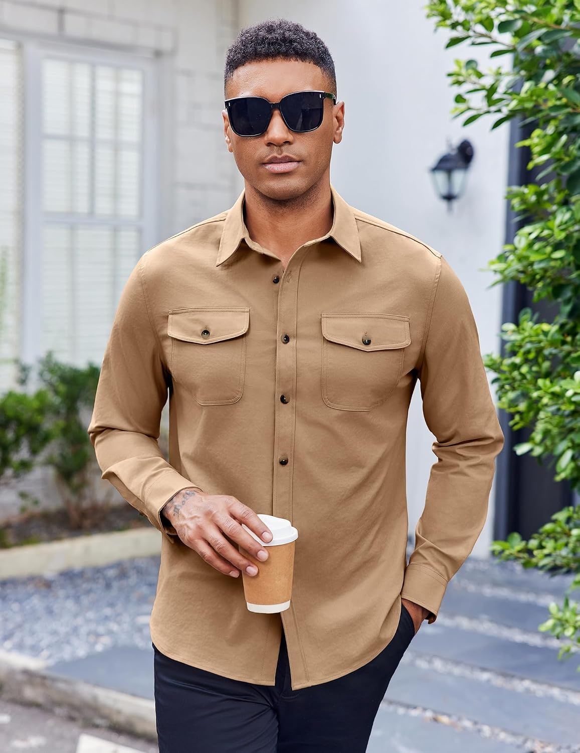 image:imageCOOFANDY Mens Shirt Jacket Long Sleeve Button Down Shirt for Mens ShacketsKakhi