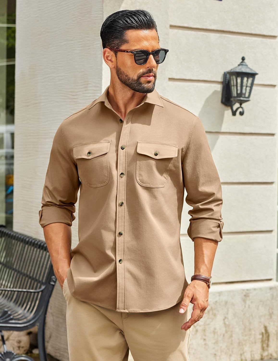 image:imageCOOFANDY Mens Shirt Jacket Long Sleeve Button Down Shirt for Mens ShacketsKakhi