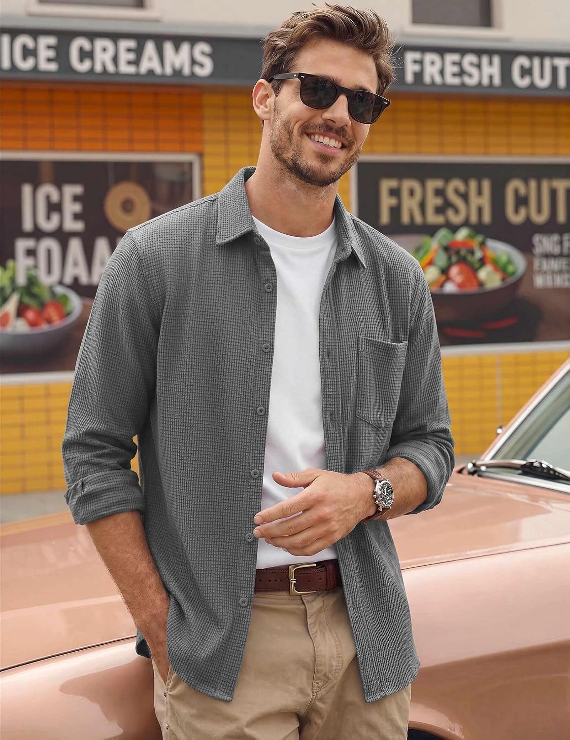 image:imageCOOFANDY Mens Waffle Shirt Jacket Casual Overshirt Long Sleeve Lightweight Textured Shacket with PocketGray