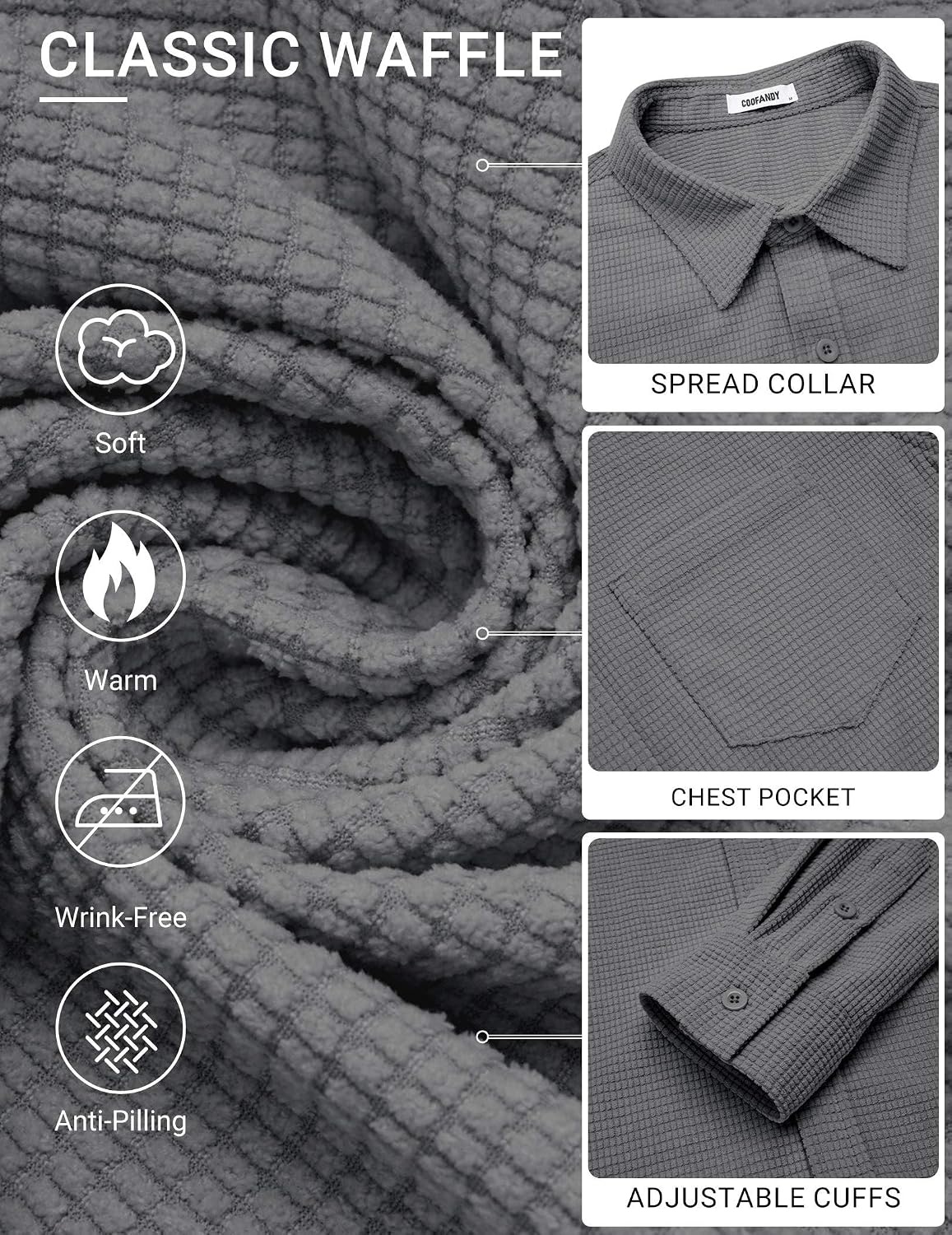 image:imageCOOFANDY Mens Waffle Shirt Jacket Casual Overshirt Long Sleeve Lightweight Textured Shacket with PocketGray
