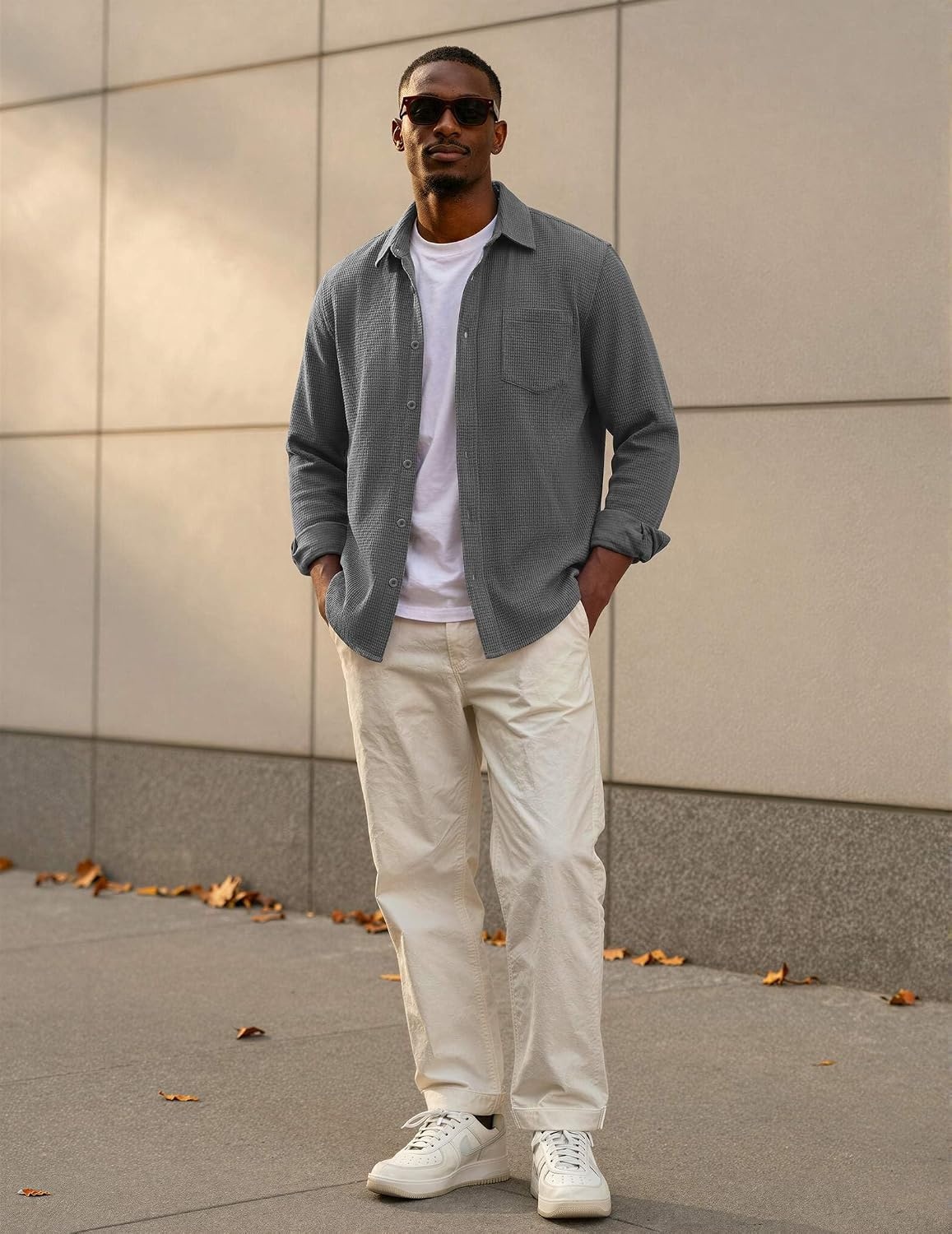 image:imageCOOFANDY Mens Waffle Shirt Jacket Casual Overshirt Long Sleeve Lightweight Textured Shacket with PocketGray