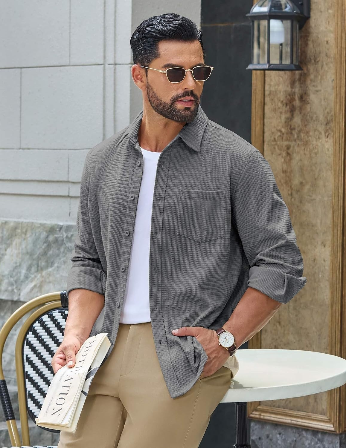 image:imageCOOFANDY Mens Waffle Shirt Jacket Casual Overshirt Long Sleeve Lightweight Textured Shacket with PocketGray