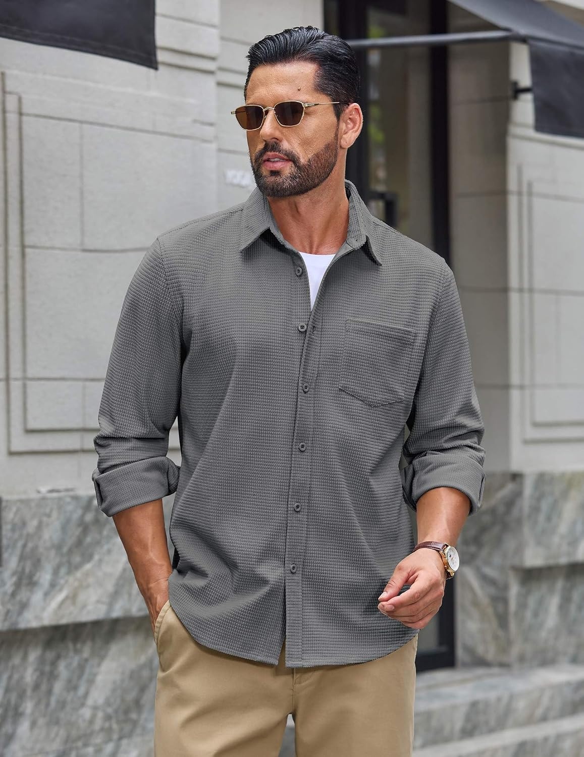image:imageCOOFANDY Mens Waffle Shirt Jacket Casual Overshirt Long Sleeve Lightweight Textured Shacket with PocketGray
