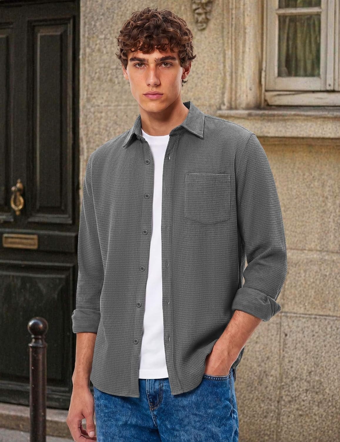 image:imageCOOFANDY Mens Waffle Shirt Jacket Casual Overshirt Long Sleeve Lightweight Textured Shacket with PocketGray