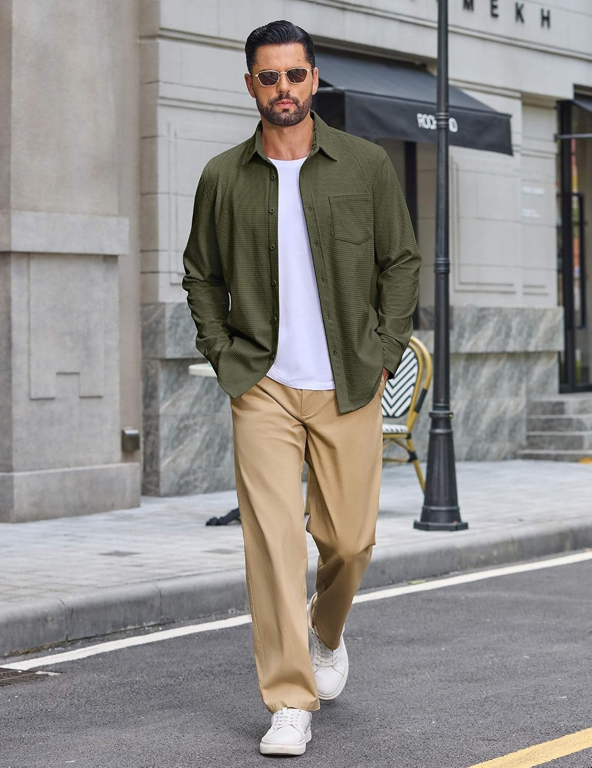 image:imageCOOFANDY Mens Waffle Shirt Jacket Casual Overshirt Long Sleeve Lightweight Textured Shacket with PocketOlive