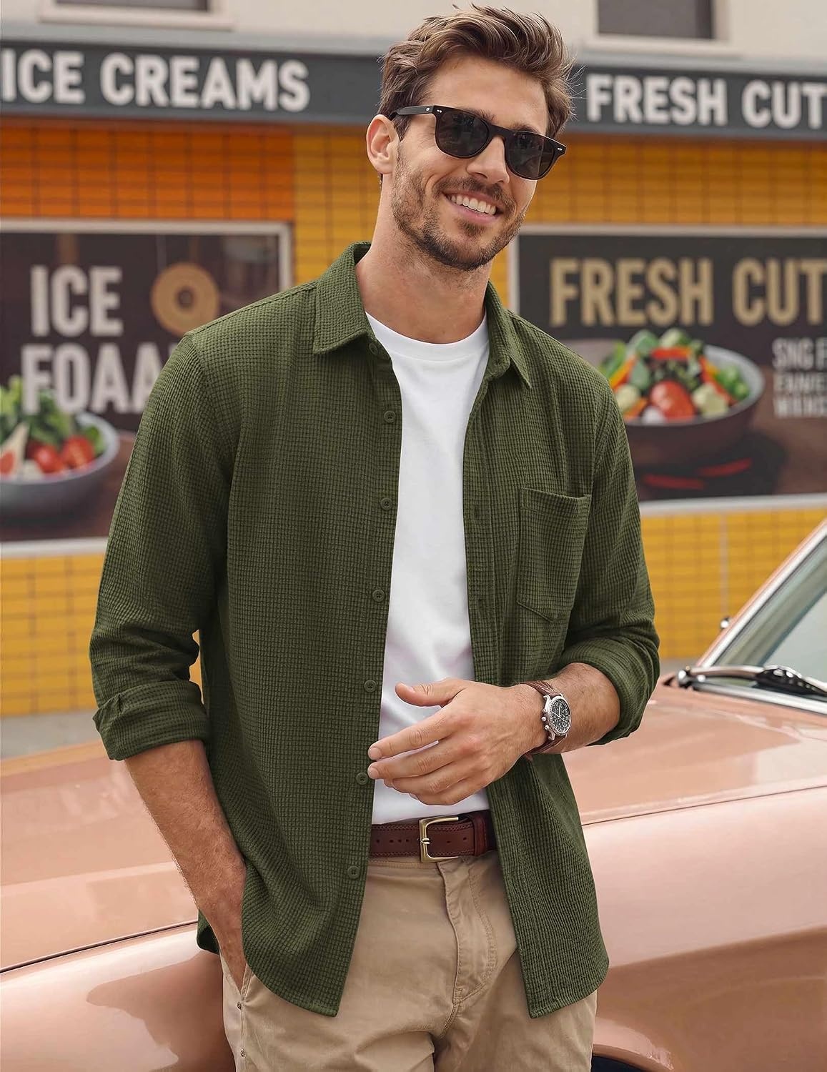 image:imageCOOFANDY Mens Waffle Shirt Jacket Casual Overshirt Long Sleeve Lightweight Textured Shacket with PocketOlive