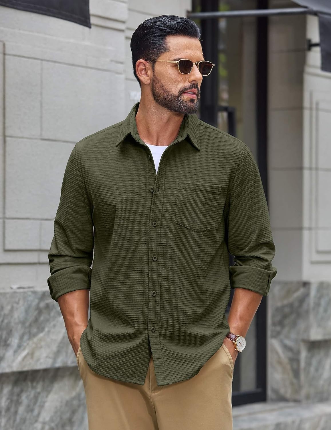 image:imageCOOFANDY Mens Waffle Shirt Jacket Casual Overshirt Long Sleeve Lightweight Textured Shacket with PocketOlive