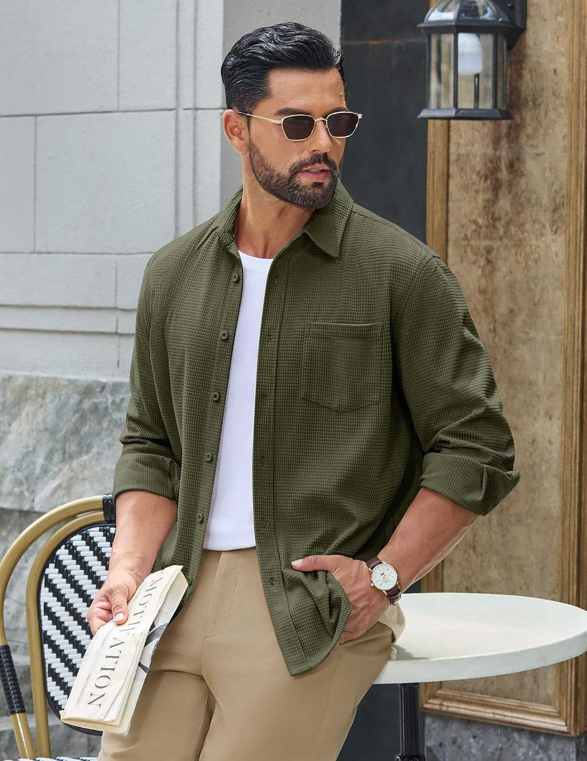 image:imageCOOFANDY Mens Waffle Shirt Jacket Casual Overshirt Long Sleeve Lightweight Textured Shacket with PocketOlive