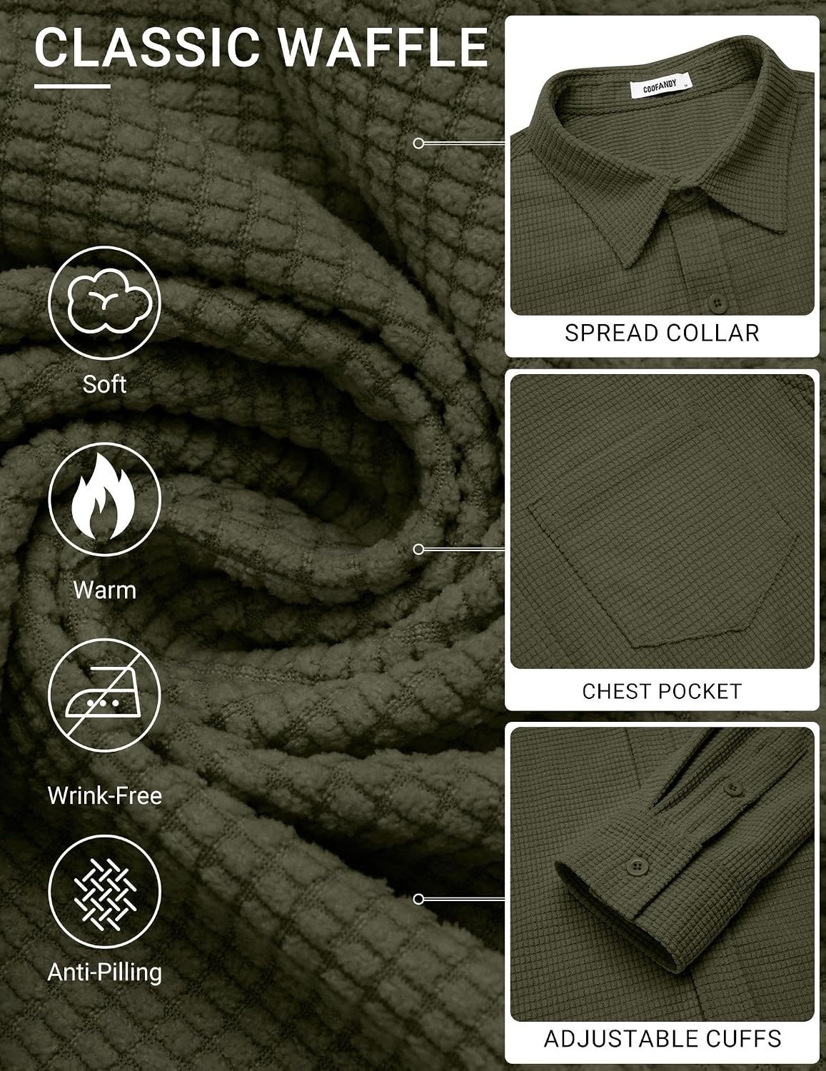 image:imageCOOFANDY Mens Waffle Shirt Jacket Casual Overshirt Long Sleeve Lightweight Textured Shacket with PocketOlive