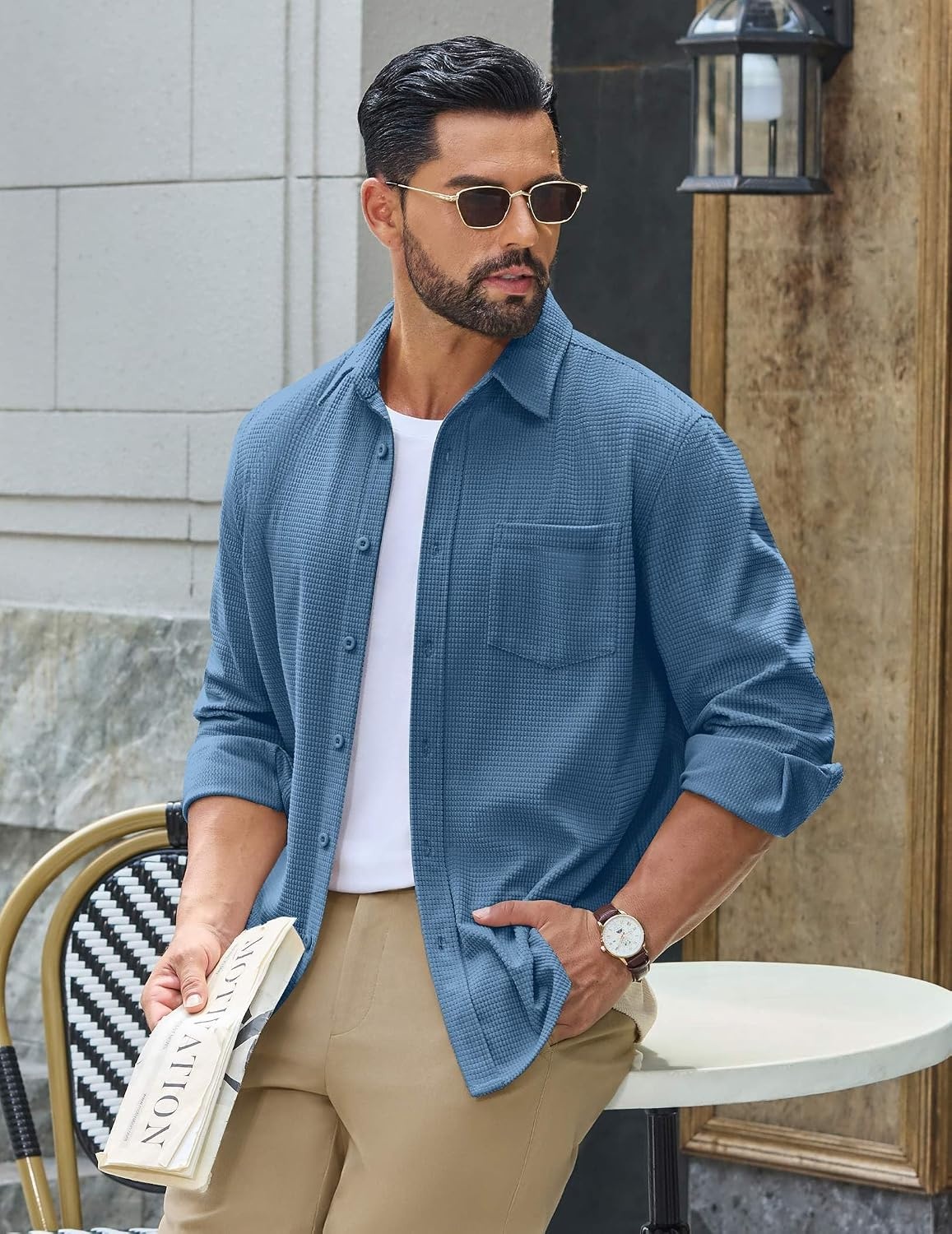 image:imageCOOFANDY Mens Waffle Shirt Jacket Casual Overshirt Long Sleeve Lightweight Textured Shacket with PocketSea Blue