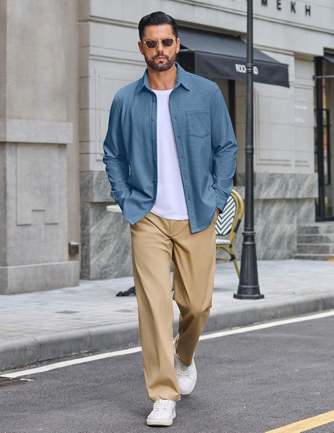 image:imageCOOFANDY Mens Waffle Shirt Jacket Casual Overshirt Long Sleeve Lightweight Textured Shacket with PocketSea Blue