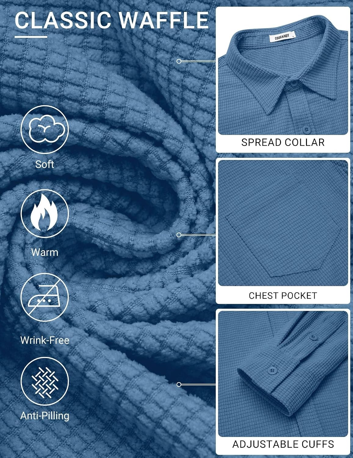 image:imageCOOFANDY Mens Waffle Shirt Jacket Casual Overshirt Long Sleeve Lightweight Textured Shacket with PocketSea Blue