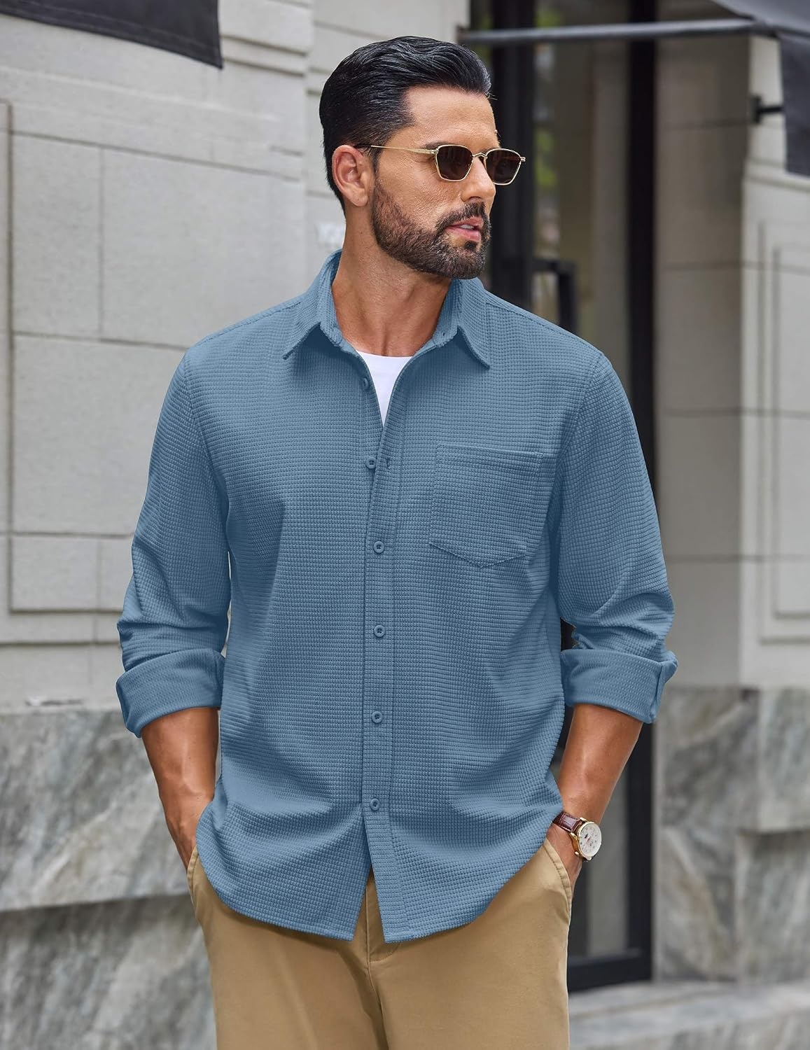 image:imageCOOFANDY Mens Waffle Shirt Jacket Casual Overshirt Long Sleeve Lightweight Textured Shacket with PocketSea Blue