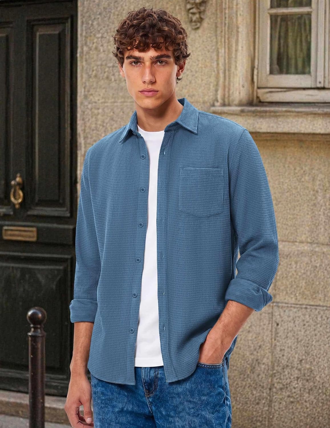 image:imageCOOFANDY Mens Waffle Shirt Jacket Casual Overshirt Long Sleeve Lightweight Textured Shacket with PocketSea Blue