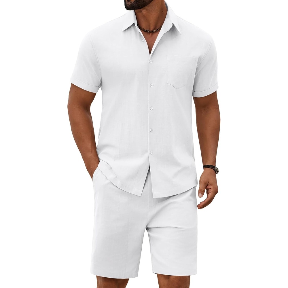 image:imageCOOFANDY Mens 2 Piece Outfit Summer Shorts Sets Short Sleeve Cotton Shirts01white
